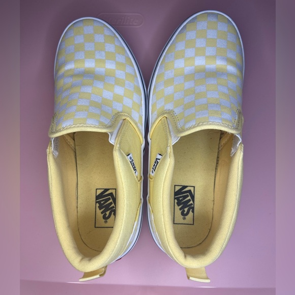 Vans Classic Slip Ons. Pastel Yellow and White Checkered - Picture 4 of 6